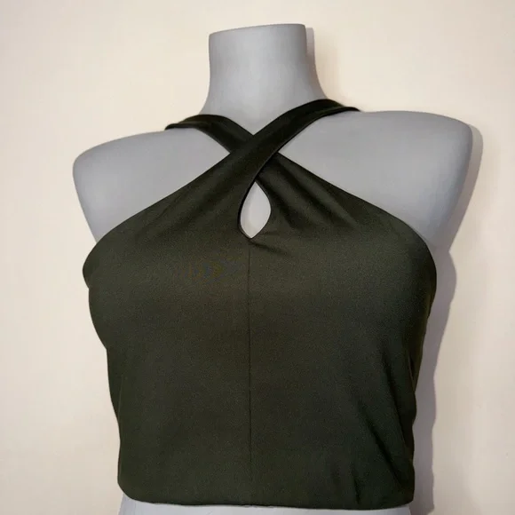girlfriend collective Dark Green Cross-Halter Crop Top - Picture 6 of 7